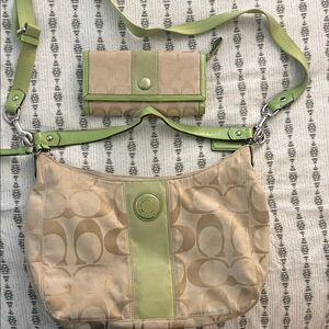 Coach Beige and Light Green Shoulder Bag with Matching Wallet
